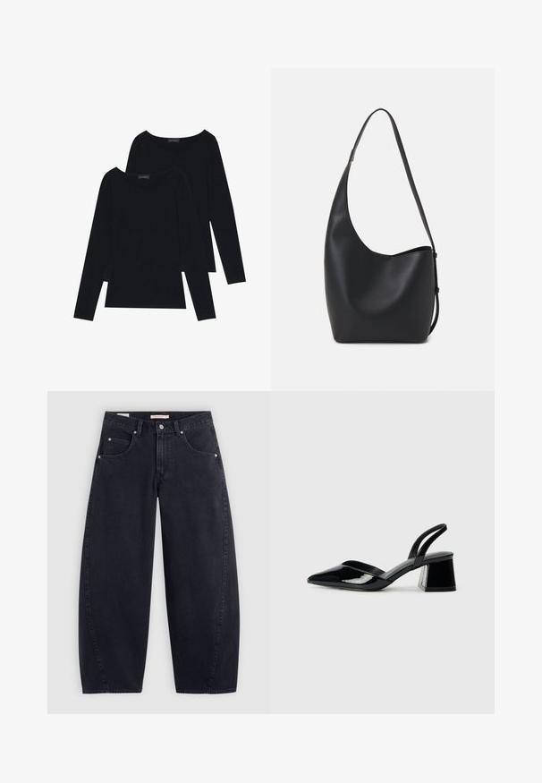 Twee zwart lange mouwen tops van een zachte, geribbelde stof met brede ronde halslijnen, met een eenvoudig ontwerp en een gladde textuur.; Zwarte denim wijde pijpen jeans met een hoge taille, twee frontzakken en zilveren hardware. Gladde textuur, minimale stiksels en rechte snit.; Zwarte gepatineerde leren slingback hakken met een spitse neus en een geometrische blokhak. Kenmerkt zich door een slank, minimalistisch ontwerp en een gladde textuur.; Zwarte leren hobo tas met een gladde textuur, kromme vorm en een enkele verstelbare schouderband; heeft een brede opening aan de bovenkant.