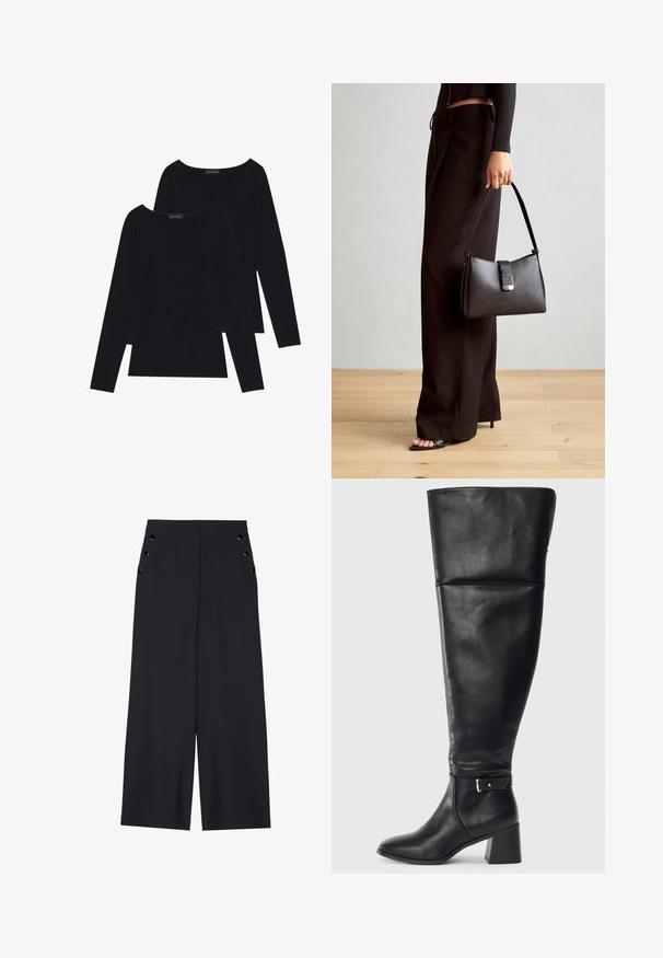 Duas blusas de manga longa pretas em tecido suavemente canelado, com decotes redondos largos, apresentando um design simples e uma textura suave.; Calças largas de tecido azul marinho escuro, com uma textura suave, pregas frontais e ilhoses decorativos em tom dourado nos bolsos laterais.; Bota de couro preta até ao joelho com salto bloco e fita decorativa com fivela dourada acima do tornozelo, vista lateral sobre fundo branco.; Bolsa preta com forma estruturada, textura suave e um fecho metálico. Combinada com calças largas pretas e sandálias de salto aberto sobre um chão de madeira.
