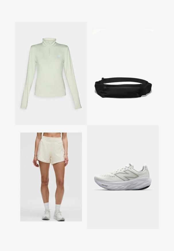 New Balance SPORT ESSENTIALS SPACE DYE QUARTER ZIP - Top dugih rukava - garter snake; Krem kratke sportske hlače s elastičnom pojasom i bočnim džepovima. Tkanina izgleda glatko i lagano, pogodna za aktivne aktivnosti.; Bijele atletske cipela s mrežastim gornjim dijelom, s podstavljenim ovratnikom, teksturiranim potplatima i brendiranjem "Fresh Foam" na srednjem dijelu.; Crni tkaninski pojasni ranac s zatvaračem, podesivim remenom i glatkom teksturom, dizajniran za udobnost i praktičnost.