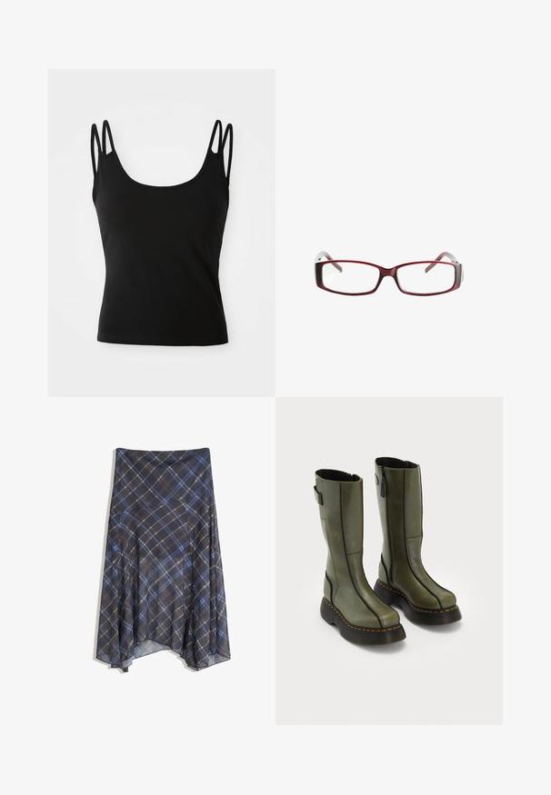 Camisola neagră cu decolteu la baza gâtului, realizată dintr-un material neted, având bretele subțiri duble pe fiecare umăr. Fără modele sau accente vizibile.; Fustă în carouri negre cu linii albastre și maro, cu un design fluid, de lungime medie, realizată dintr-un material ușor cu o textură netedă.; Pereche de bocanci din piele de culoare verde măslinie, până la jumătatea gambei, cu tălpi groase negre și cusături portocalii, având fermoare laterale și un detaliu cu curea în partea superioară din spate.; Ochelari de vedere rectangulari roșii, cu un design elegant. Lentile clare, brațe ușor translucide și un efect de degradé de la roșu la gri.