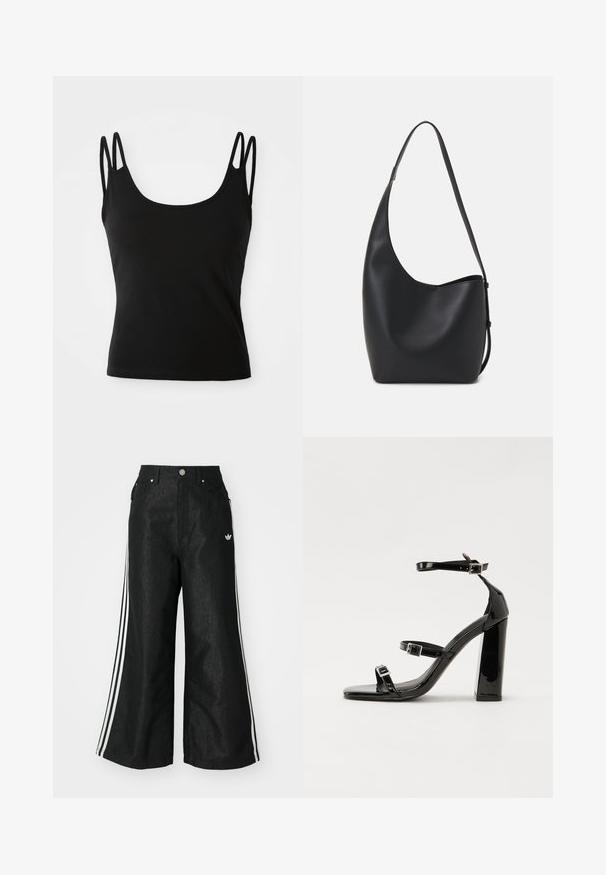 Black camisole with a scoop neckline, made of smooth material, featuring thin double straps on each shoulder. No visible patterns or accents.; Black wide-leg denim pants with three white stripe accents on each side and a small white logo. Features front pockets and a button closure.; Black patent heeled sandals with a square toe, ankle straps, and silver buckles. Features a chunky block heel for stability.; Black leather hobo bag with a smooth texture, curved shape, and single adjustable strap; features a wide opening at the top.