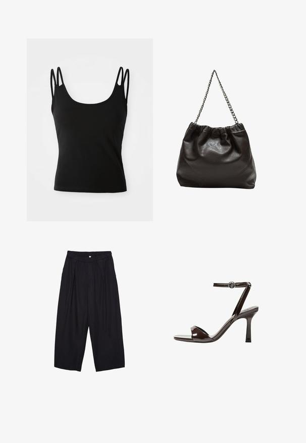 Črna majica brez rokavov s krožnim izrezom, izdelana iz gladkega materiala, z dvema tankima naramnicama na vsaki rami. Brez vidnih vzorcev ali okraskov.; Črne poliesterske culotte hlače z elastičnim pasom, dvema sprednjima nabiranjema in ohlapnim krojem. Brez vidnih vzorcev ali kovinskih detajlov.; Rjave visokosprti sandali iz pateniranega usnja z zaponko okoli gležnja, odprto konico in eleganten, minimalističen dizajn. Imajo kvadratno peto.; Rjava usnjena torba z nabranim vrhom in verižnim trakom. Gladka tekstura z sijajno površino in subtilnimi šivi na straneh.