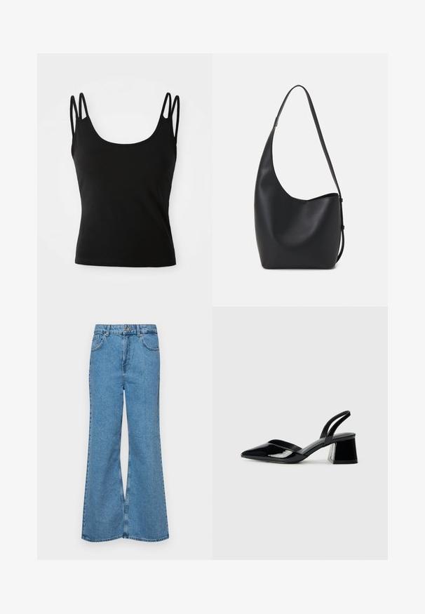 Zwarte top met een ronde hals, gemaakt van een soepele stof, met dunne dubbele bandjes op elke schouder. Geen zichtbare patronen of accenten.; Lichtblauwe flared jeans van denim, met een hoge taille, vijf zakken en een enkele knoopsluiting. Zachte textuur met een vervaagde afwerking.; Zwarte gepatineerde leren slingback hakken met een spitse neus en een geometrische blokhak. Kenmerkt zich door een slank, minimalistisch ontwerp en een gladde textuur.; Zwarte leren hobo tas met een gladde textuur, kromme vorm en een enkele verstelbare schouderband; heeft een brede opening aan de bovenkant.