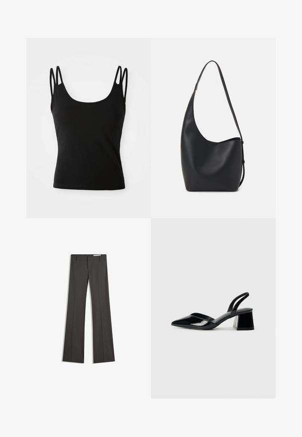 Camisola nera con scollatura a girocollo, realizzata in materiale liscio, con sottili spalline doppie su entrambe le spalle. Nessun motivo o decorazione visibile.; Pantaloni grigi a campana in un tessuto morbido, con vita piatta, passanti per la cintura e un design su misura con linee pulite.; Décolleté in vernice nera con punta affusolata e tacco in geometria cubica. Presentano un design elegante e minimalista, con una texture liscia.; Borsa hobo nera in pelle con una superficie liscia, forma curvata e una singola tracolla regolabile; presenta un'ampia apertura nella parte superiore.