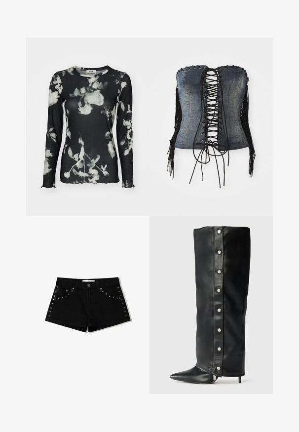 Langärmliges schwarzes Oberteil mit geripptem Textur, featuring ein weißes Blumenmuster und gewellten Kanten. Etikett sichtbar am Hals.; Denim trägerloses Korsett mit schwarzem Schnürverschluss, silbernen Ösen und schwarzen Fransenakzenten an den Seiten. Verfügt über eine strukturierte Passform und eine distressed Textur.; Schwarze Denim-Shorts mit Knopfverschluss, ausgestattet mit Nietenakzenten an den vorderen Taschen und an den Seitennähten. Kurze Länge und klassischer Schnitt.; Schwarze Lederstiefel mit hohen Absätzen, die ein tailliertes Design, eine spitze Zehe und silberne Druckknopfakzente entlang der Seite aufweisen.