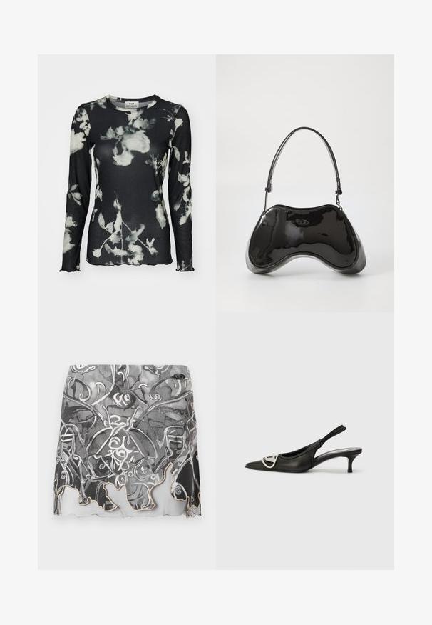 Pika käsi must särk ribatud tekstuuriga, millel on valge lillemuster ja lainelised servad. Silt on nähtav kaeluses.; Mustvalge mustriga mini seelik, millel on abstraktsed disainid, laineline äär ja sile kangastekstuuri kerge läige.; Must tassu mustast nahast, millel on terav varvas, hõbedane logoaksent ja väike konts. Sile tekstuur ja minimalistlik disain.; Must musta nahk käekott ainulaadse kumerate vormide, lühikese reguleeritava käepideme ja lukuga ülemise osaga. Sujuv tekstuur koos peene brändingu detailiga.