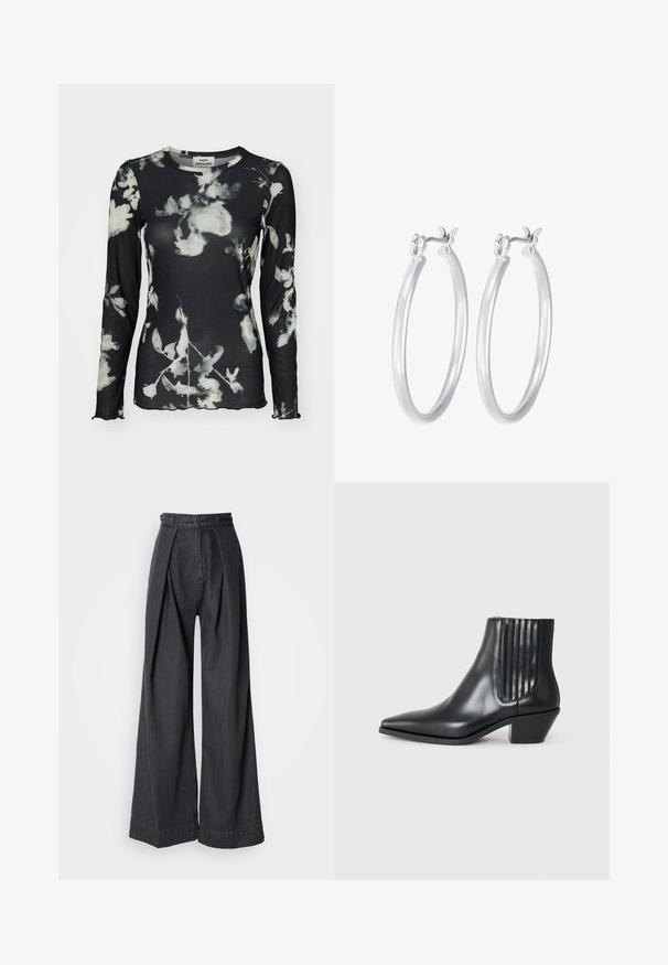 Långärmad svart topp med ribbat mönster, som har en vit blommönster och scallopade kanter. Tagg synlig vid nacken.; Bredbeniga svarta denimbyxor med hög midja, med framveck och en klassisk dragkedja. Knivskarp, slät textur med en ren finish.; Svart läderankelboot med spetsig tå, elastiska sidopaneler med vertikala spår och en låg blockklack. Slät textur och stilren design.; Silverfärgade hoopörhängen med en slät, polerad yta. Rund form och säker klickstängning. Lättviktig design som passar för vardagligt bruk.