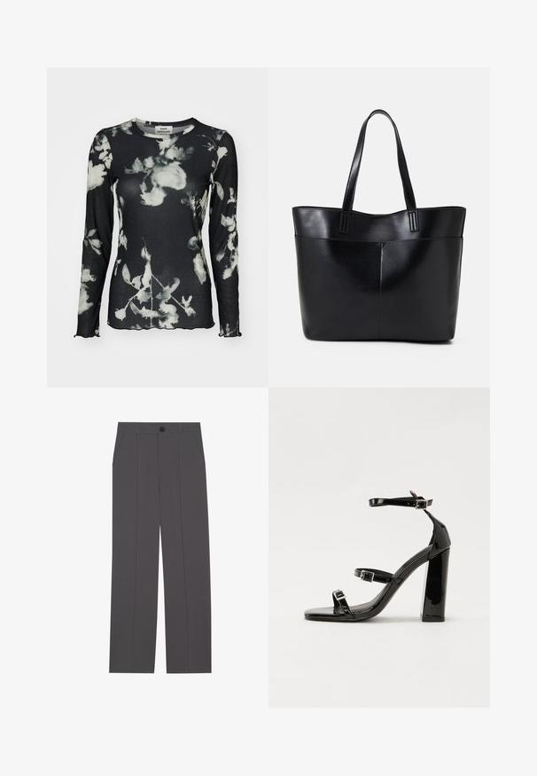 Langermet svart topp med ribbet tekstur, som har et hvitt blomstermønster og bølgede kanter. Lapp synlig ved nakken.; Grå bukser med rette ben, med to sidelommer og knappestenging. Glatt stoff uten synlige mønstre eller detaljer.; Svart høyglans sandaler med hæl, firkantet tå, ankelremmer og sølvspenner. Har en kraftig blokkhæl for stabilitet.; Svart lær toteveske med to lange håndtak, en glatt tekstur og en strukturert form. Har en frontlomme for ekstra oppbevaring.