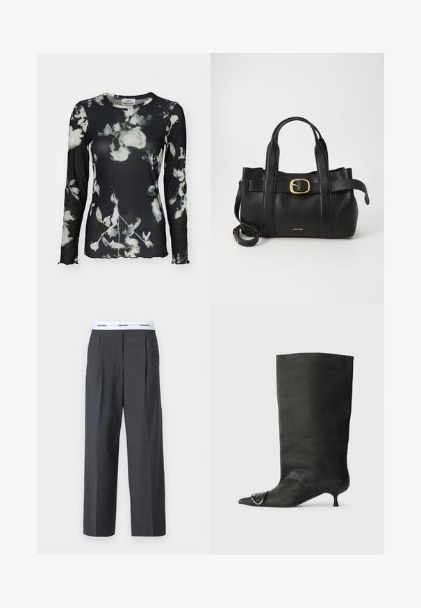 Top negru cu mânecă lungă, cu o textură țesută, având un model floral alb și margini ondulate. Eticheta este vizibilă la gât.; Pantaloni evazați gri, dintr-un material neted, cu plii frontale și un brâu alb cu logo-ul Calvin Klein.; Botină neagră din piele cu vârf ascuțit, toc mic și detaliu metalic pe vârf. Textură netedă, mată pe întreaga suprafață.; Geantă de mână din piele neagră, cu un design structurat, mânere superioare duale, accent cu cataramă aurie și logo-ul brandului embosat în față.