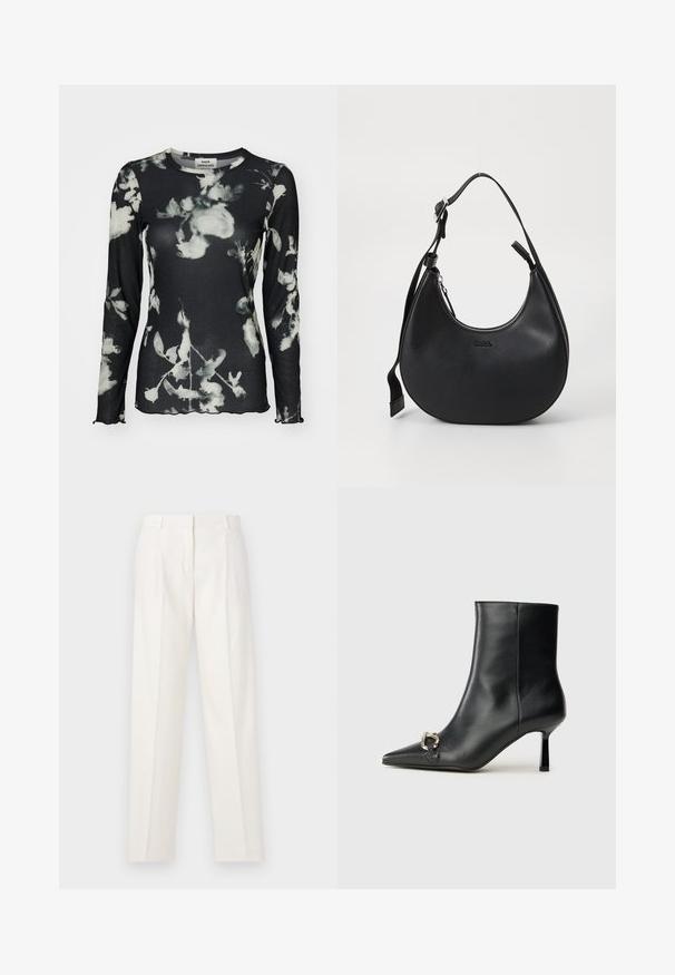 Melnbalts piedurknu topi ar ribotu faktūru, ar baltu ziedu rakstu un viļņotām malām. Etiķete redzama pie kakla.; Bilas baltās bikses, kas izgatavotas no linu, ar taisnu griezumu, dubultām krokām priekšā un gludu tekstūru. Nav redzamu kabatu vai metāla detaļu.; Melnā ādas potīšu zābaku ar smailu purngalu, šauru vidēja augstuma papēdi un sudraba sprādzi sānos uz vienkrāsaina fona.; Melnā ādas plecu soma ar izliekta veida formu, ar rāvējslēdzēju un regulējamu siksniņu. Priekšpusē ir iespiests zīmola logo.