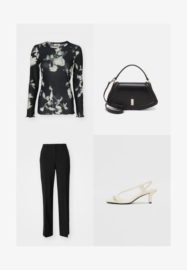 Dolga črna majica z rebrastim videzom, okrašena z belim cvetličnim vzorcem in keramičnimi robovi. Oznaka vidna na vratu.; Črne krojene hlače s direktnim krojem, ki se ponašajo z gladko teksturo in ostrimi pregibi spredaj. Ni vidne kovine.; Bež sandale z blok peto, tankimi trakovi in kvadratnim prstom. Gladek material z minimalnim okrasjem, zasnovan za enostavno nošenje.; Črna usnjena torbica s strukturnim dizajnom, ki ima skrajšano obliko, zgornji ročaj in zlate dodatke. Vključena je nastavljiva ramenska naramnica.