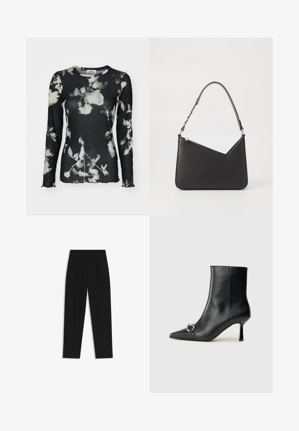 Langærmet sort top med ribbet tekstur, prydet med et hvidt blomster mønster og bølgede kanter. Etiket synlig ved halsen.; Sorte bukser med lige pasform, der har dobbelte folder, en glat tekstur og et klassisk taljedesign. Ingen synlige hardware eller accenter.; Sort læder ankelstøvle med spidse tæer, slank hæl i mellemhøjde og sølvspænde detaljer på siden mod en ensfarvet baggrund.; Sort læderhåndtaske i trekantet form med en slank rem og sølv hardware. Har lynlås-lukning og prægede logo på forsiden.