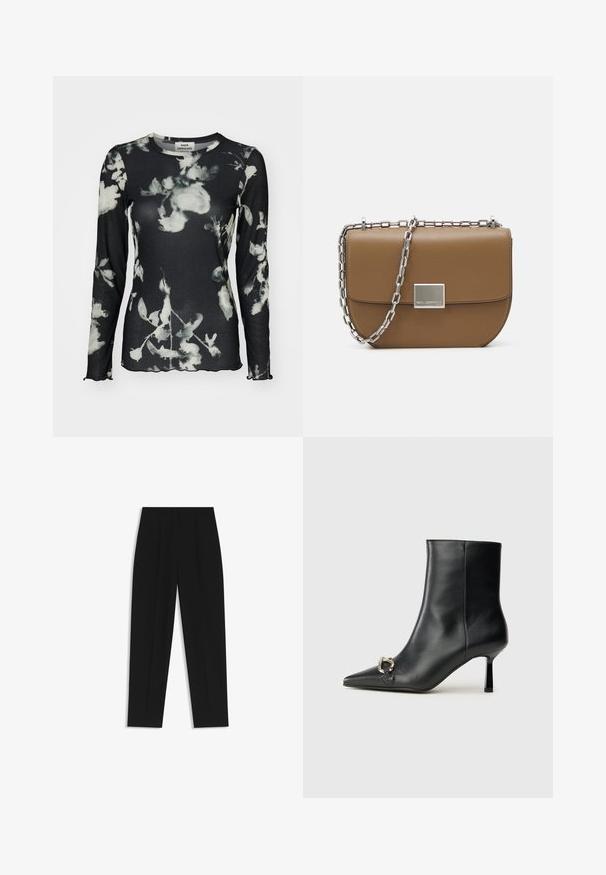 Long-sleeve black top with a ribbed texture, featuring a white floral pattern and scalloped edges. Tag visible at the neck.; Black trousers with a straight fit, featuring double pleats, a smooth texture, and a classic waistband design. No visible hardware or accents.; Black leather ankle boot with pointed toe, slim mid-height heel, and silver buckle detail on side against plain background.; Brown leather crossbody bag with a curved shape, silver chain strap, and a square metallic clasp detail on the front.