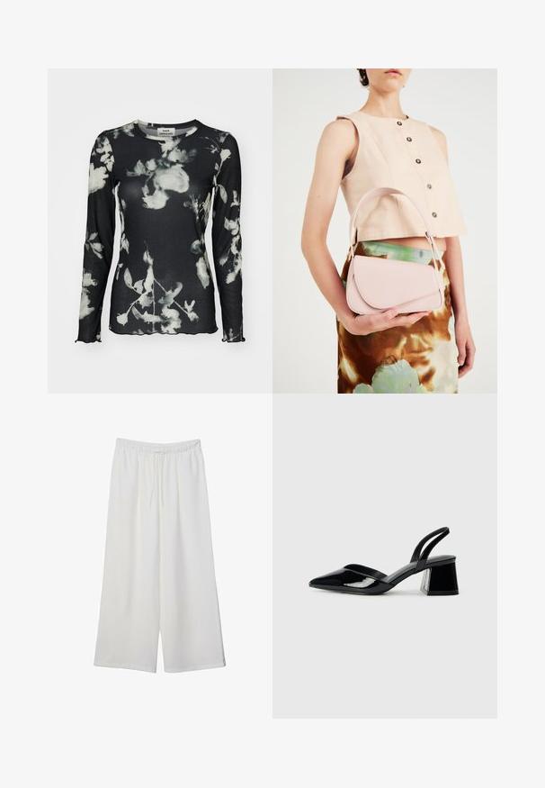 Langärmliges schwarzes Oberteil mit geripptem Textur, featuring ein weißes Blumenmuster und gewellten Kanten. Etikett sichtbar am Hals.; Weiße, weit geschnittene Hosen aus leichtem Stoff, mit einem elastischen Bund und einem Zugband für eine verstellbare Passform. Glatte Textur.; Schwarze Lackleder-Slingback-High Heels mit spitzem Schuh und einem geometrischen Blockabsatz. Verfügt über ein schlankes, minimalistisches Design und eine glatte Textur.; Rosa Lederhandtasche mit gewölbtem Deckel, einem Schulterriemen und klaren Linien. Die Tasche zeigt eine glatte Textur und ein minimalistisches Design.