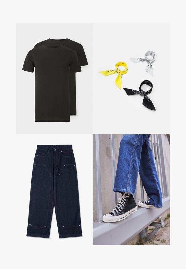 Due t-shirt nere con scollo a girocollo, realizzate in tessuto morbido. Maniche corte, orlo dritto e senza motivi o grafiche visibili.; Pantaloni a gamba larga in denim scuro con due tasche frontali, dettagli in metallo argentato e cuciture rosse in contrasto. Caratterizzati da una chiusura a bottone e logo del marchio.; Scarpe da ginnastica nere alte con suola e lacci bianchi, abbinate a jeans di denim blu larghi, appoggiate su un parapetto grigio.; Tre bandane: una gialla con motivi neri, una bianca con disegni neri e una nera con grafiche bianche. Tutte sono quadrate e in tessuto leggero.