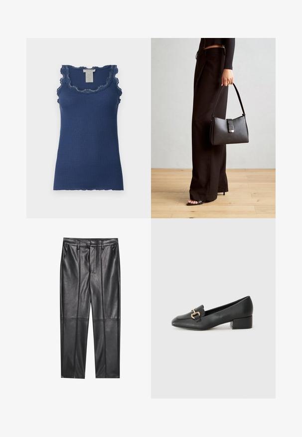 Camisola de alças em azul marinho com textura canelada, com renda ao longo da linha do decote e das cavas, apresentando uma bainha assimétrica e um design ajustado.; Calças de pele preta com uma textura suave, apresentando um ajuste reto, dois bolsos frontais e detalhes de costura visíveis.; Mocassins de couro preto com um salto baixo, apresentando um detalhe decorativo em metal dourado na parte da frente e uma textura suave.; Bolsa preta com forma estruturada, textura suave e um fecho metálico. Combinada com calças largas pretas e sandálias de salto aberto sobre um chão de madeira.