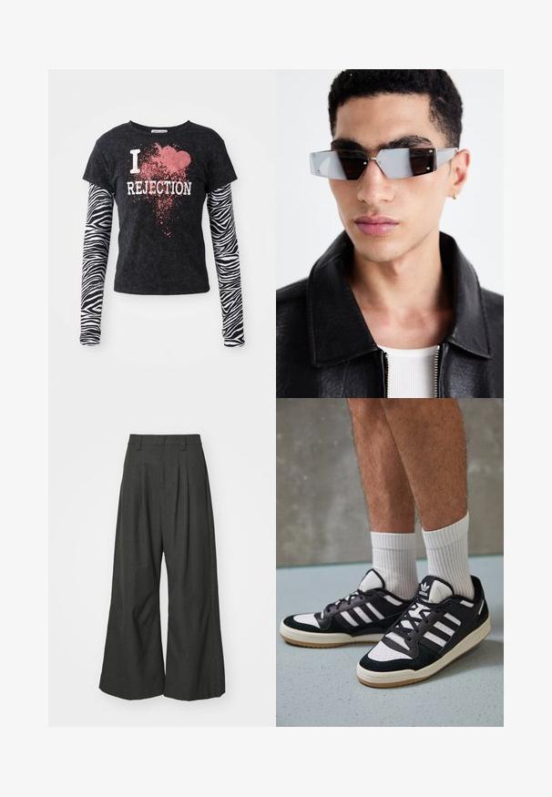 Musta lyhythihainen t-paita, jossa valkoinen teksti "I love REJECTION" ja punainen roiskekuvio, yhdistetty pitkien seepra-raidoitettujen hihojen kanssa.; Jaded London GOLIATH TROUSER UNISEX - Housut - grey; Valkoiset ja mustat tennarit, joissa on mokkanahka- ja nahkapäällinen, kolme valkoista raitaa, rei'itetty kärki ja kumipohja.; Kuluneet harmaan sävyiset aurinkolasit, joissa on hopeiset yksityiskohdat, vaaleaa taustaa vasten. Linssit ovat ainutlaatuisen geometrisen muotoiset.