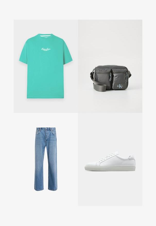 Modré bavlnené tričko s okrúhlym výstrihom a krátkymi rukávmi. Na hrudi má bielu vyšívanú značku. Hladká, ľahká textúra.; Svetlo modré denimové džínsy so strihom rovného nohu, päť vreciek, zapínanie na gombík, minimálne vyblednutie a kontrastné švy.; Biele tenisky s hladkým koženým zvrškom a nízkym profilom. Majú zaoblenú špičku, šesť očiek a štruktúrovanú gumovú podrážku.; Šedá nylonová taška cez telo s dvoma zipsovými prednými vreckami, nastaviteľným popruhom a akcentom loga. Hladký povrch s moderným dizajnom.