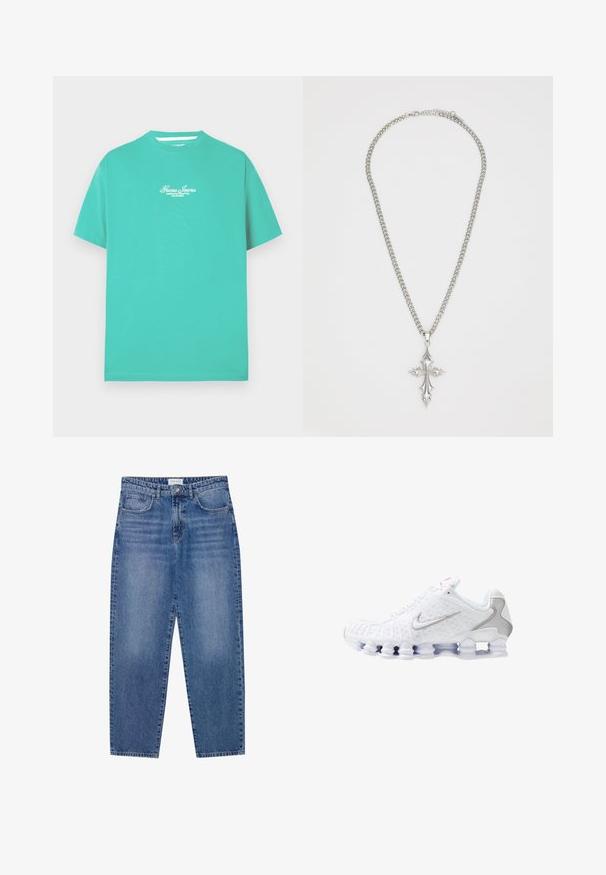 Turkizno bombažna majica z okroglim izrezom in kratkimi rokavi. Na prsih je bel izvezen logotip. Gladka, lahka tekstura.; Modre kavbojke z visokim pasom, ravnimi nogami in bledejšim videzom. Imajo pet žepov in gumbasto zapiranje.; Bela športna obutev z teksturiranim zgornjim delom, srebrnim logotipom v obliki kljuka, mrežastimi paneli in značilnim razdeljenim belim podplatom.; Srebrna verižica z velikim, okrasnim križem, ki ima ostre detajle in sijočo površino. Veriga je debela in ravna.