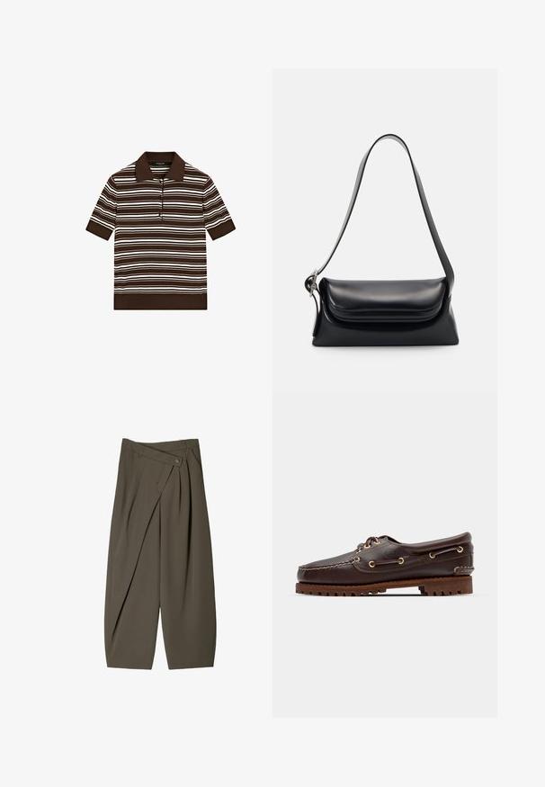 Brun polo-shirt med hvide vandrette striber, korte ærmer og en tre-knaps placket. Flad krave og ribbet kantdetalje.; Bredde-bukser i mørke olivengrønne stoffer, med en plisseret frontdesign, en knaplukning og en poleret, struktureret overflade.; Brune læder bådsko med gyldne øjer, runde snørebånd og en struktureret brun gummisål. Har quiltede detaljer og et forhøjet logo.; Sort læderhåndvask med en struktureret form, en glat overflade og en enkelt skulderrem. Har et subtilt, rundet klapdesign.