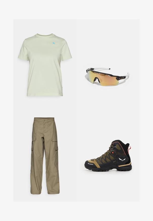 T-shirt en coton vert clair avec un col rond et des manches courtes. Présente un petit logo bleu brodé sur la poitrine.; Pantalons cargo en tissu vert olive, avec une coupe ample, plusieurs poches latérales et une fermeture à bouton à la taille. Texture lisse.; Botte de randonnée mi-hauteur en noir et vert olive, dotée d'une tige en mesh, d'une semelle en caoutchouc et d'accents texturés avec une languette à l'arrière.; Lunettes de soleil avec une monture noir et blanc, de grandes lentilles réfléchissantes aux nuances dorées et roses, un design aérodynamique et un bord extérieur élargi.