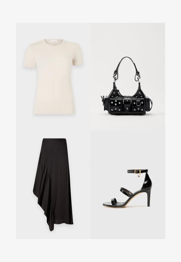 Ljusbeige kortärmad t-shirt med rund halsringning. Slät bomullstyg, slim fit och en liten logotypdetalj nära fållen.; AERON ASTER SKIRT - Pennkjol - black; Svart lackskinnsandaler med tre remmar, ankelspänne och 10 cm stilettklack. Har detaljer i guldmetall och logokaraktär.; Svart läderhandväska med en kurvad design, prydd med silverfärgade nitar, ett spänne och två sidofickor. Justerbar rem för olika bäralternativ.