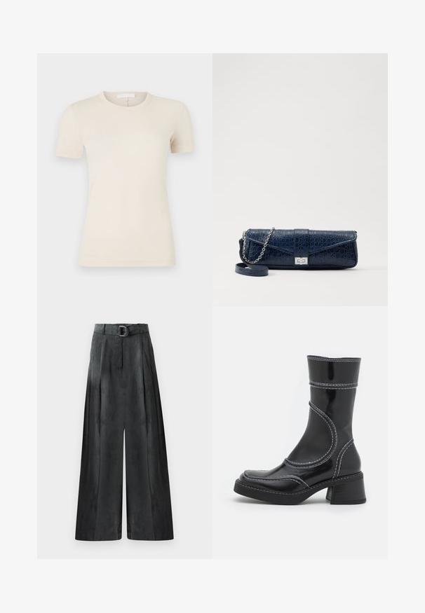 Helles beige T-Shirt mit kurzen Ärmeln und Rundhalsausschnitt. Glattes Baumwollmaterial, körpernahe Passform und ein kleines Logodetail am Saum.; Weite Hosen in Dunkelgrau, mit glatter Textur, Falten und einem Gürtel mit silberner Schnalle in hoher Taille.; Schwarze Lackleder-Ankle Boots mit weißen Nähten, abgerundeter Zehe und Blockabsatz. Besitzt geschwungene Designlinien und eine glatte Textur.; Marineblaue Leder-Clutch mit Krokodilstruktur, silberner Kettenriemen und metallischem Verschluss. Rechteckige Form mit Umschlagdesign.