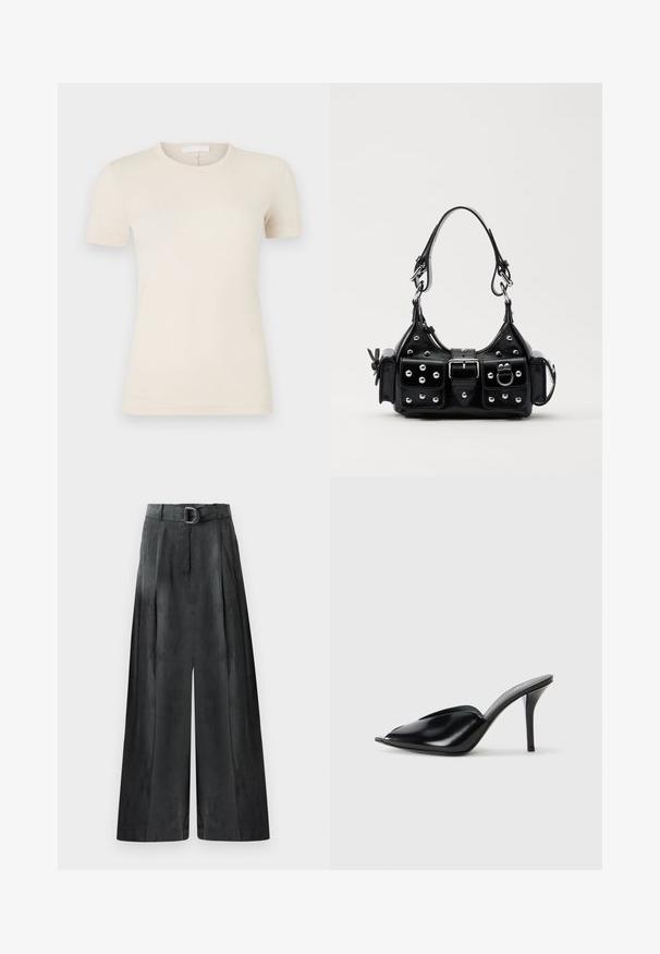 Gai beidzis īsām piedurknēm T-krekls ar apaļu kakla izgriezumu. Gluda kokvilnas audums, šaura piegriezuma un neliela logotipa detaļa pie apakšmalas.; Platas kājas bikses tumši pelēkā krāsā ar gludu tekstūru, krokām un jostu ar sudraba sprādzi augstajā viduklī.; Melnas ādas augstpapēžu mūlas ar atvērtu purngalu, vērptu dizainu, gludu tekstūru un šauru stilletu papēdi.; Melnas ādas rokturmais ar izliekumu, ar sudraba iedurtiem, sprādzi un divām sānu kabatām. Regulējams siksniņas garums dažādām nēsāšanas iespējām.