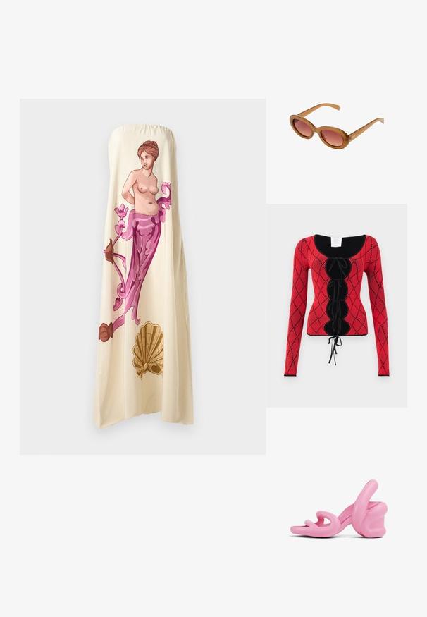 Rode gebreide top met lange mouwen, voorzien van een diamantpatroon, zwarte accenten, een ronde halslijn en een vooraan liggende vetersluiting met strikjes.; Strapless crèmekleurige jurk met een grote, kleurrijke illustratie van een klassieke figuur met bloemaccenten in roze en bruin, die een vloeiende stijl uitstraalt.; Roze sculpturale hoge hakken sandaal met een golvend ontwerp en een chunky hak, gemaakt van glad plastic met uitsparingen in het teengebied.; Bruine plastic zonnebril met een ovale vorm en gradient rozenkleurige glazen. Heeft dunne, slanke pootjes en een subtiel logo aan de zijkant.