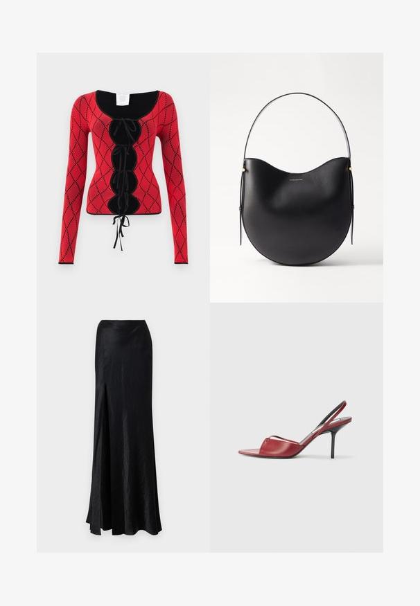 Sarkans adīts garām piedurknēm tops ar dimanta rakstu, melniem akcentiem, apaļu kakla izgriezumu un priekšējo auklu detaļu ar saitēm.; Nanushka HARLOW - Maksi svārki - black; Sarkans ādas slingback augstpapēžu sandaļu modelis ar izgrieztu purngalu, plānu siksniņu pāri kājai un šauru stiletto papēdi.; Melnas ādas plecu soma ar izliekta formu, plānu rokturi un smalkiem zelta akcentiem. Gluda tekstūra ar minimālistisku dizainu.