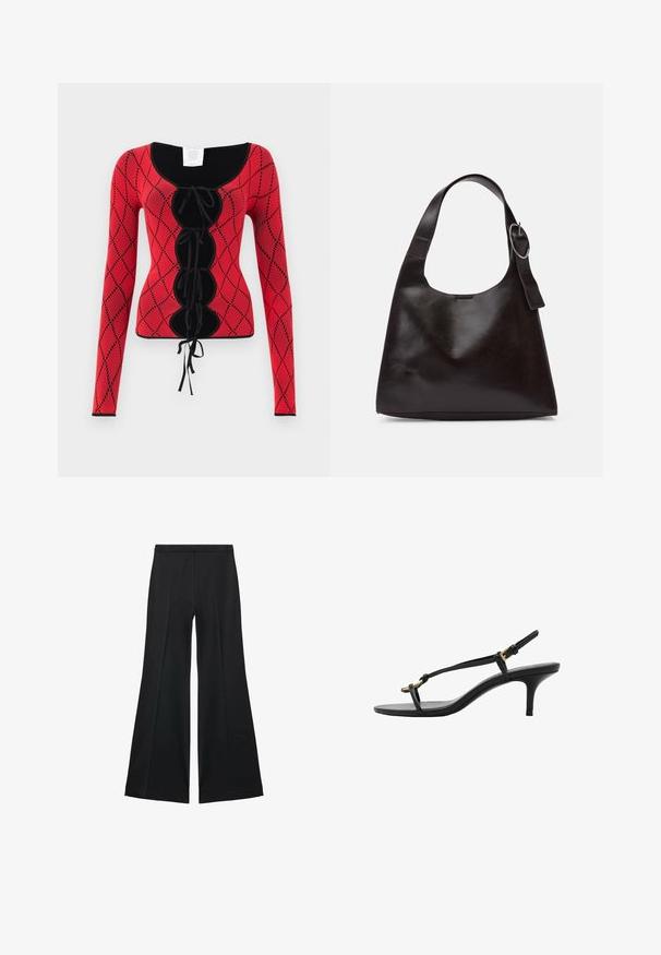 Haut à manches longues en tricot rouge avec un motif en losanges, des accents noirs, un col rond et un détail à lacets à l'avant avec des liens.; Pantalons larges noirs avec une texture lisse, présentant des plis sur le devant et un design ajusté. Le tissu est léger et fluide.; Sandale à talon aiguille noire en cuir avec des fines bandoulières, boucle dorée et une boucle pour les orteils minimaliste sur fond blanc.; Sac en cuir marron porté épaule avec une texture lisse, une forme arrondie, une large sangle et un accent métallique circulaire sur la poignée.
