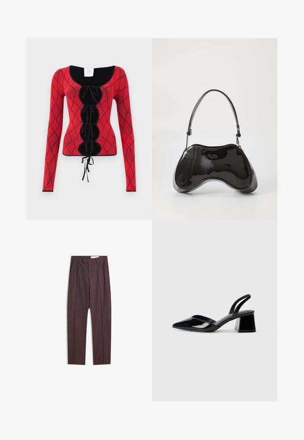 Piros kötött hosszú ujjú felső, gyémántmintával, fekete kiegészítőkkel, kerek nyakrésszel és elülső fűződíszítéssel, amelyhez szalagok tartoznak.; Lila csíkos nadrág pliszírozott részletekkel, magas derékkal és egyenes szárú fazonnal. Simább, textúrált anyagból készült.; Fekete lakk bőr szandálkés magas sarkú cipő, hegyes orral és geometrikus tömbsarkakkal. Karcsú, minimalista dizájn és sima textúra jellemzi.; Fekete lakkbőr kézitáska egyedi ívelt formával, rövid állítható fogantyúval és cipzáras tetővel. Simább textúrával és diszkrét logóval.