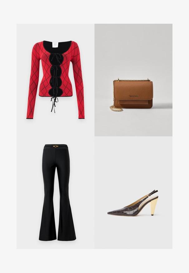 Rød strikket genser med lange ermer som har et diamantskjema, svarte detaljer, en utringet halslinje og en frontlacing med bånd.; Sorte flagrende bukser med en glat tekstur, der har en tætsiddende talje og en gylden cirkulær accent foran. Lavet af strækbart materiale.; Spenne-punktet hæl i mørkebrun, blank faux krokodillelær. Har en gullfarge geometrisk hæl og justerbar ankelstropp.; Brun teksturert lær crossover-veske med gullkjede-stropp og klaffelukking. Fronten har logo-detalj og en lomme under klaffen.