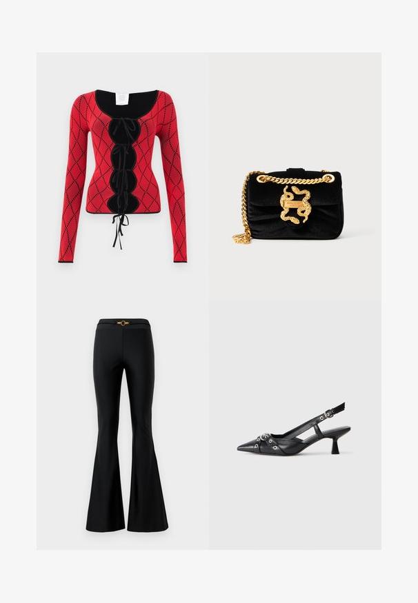 Haut à manches longues en tricot rouge avec un motif en losanges, des accents noirs, un col rond et un détail à lacets à l'avant avec des liens.; Pantalons évasés noirs avec une texture lisse, dotés d'une taille ajustée et d'un accent circulaire doré à l'avant. Fabriqués dans un matériau extensible.; Chaussure slingback en cuir noir avec un bout pointu, des sangles décoratives avec œillets en métal et un petit talon carré. Surface texturée.; Sac à main en velours noir avec un fermoir en forme de serpent doré et une bandoulière en chaîne ; possède une finition douce et texturée ainsi qu'une fermeture à rabat.