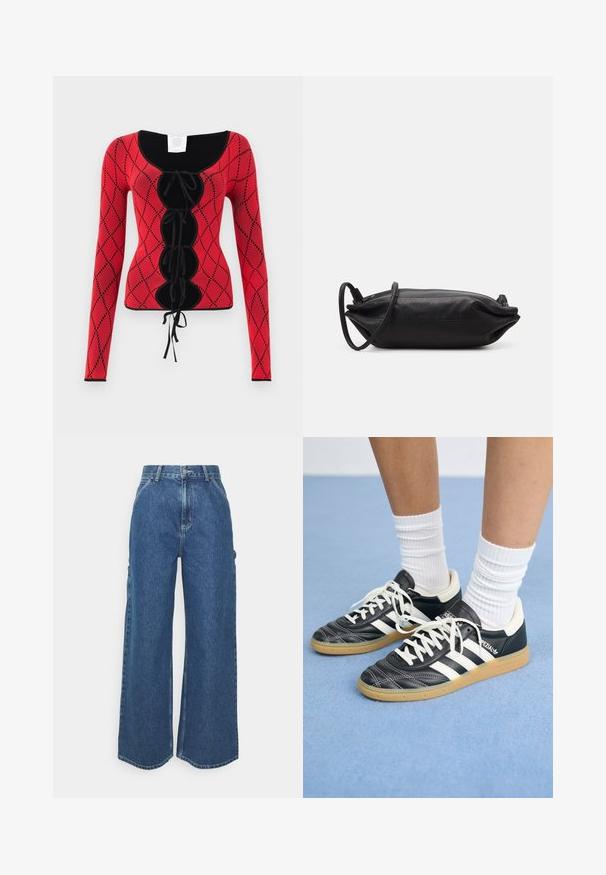 Rød strikket genser med lange ermer som har et diamantskjema, svarte detaljer, en utringet halslinje og en frontlacing med bånd.; Videbeinete blå denimbukser med høy midje, kontraststing, og sidelommer, med et klassisk fem-lommers design og rå kanter.; Sorte lærersneakers med hvite striper, rund tå, hvite snørebånd og såle av gummigummi. Fremhevet med polstret krage og merkeinfos.; Svart lær clutchveske med rektangulær form, glatt tekstur, tynn skulderstropp og minimalistisk design.
