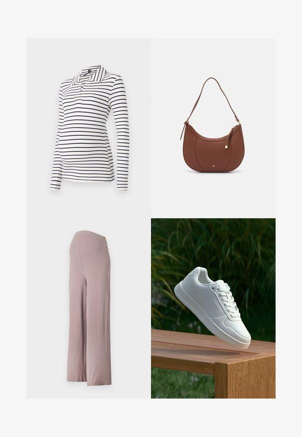 Polo a maniche lunghe per maternità con strisce orizzontali bianche e blu navy, texture a coste e colletto con mezza patta di bottoni.; Pantaloni larghi a coste di un rosa chiaro, con una cintura senza cuciture, realizzati in un tessuto morbido e testurizzato e con una silhouette rilassata.; Sneaker bianco con tomaia in sintetico liscio, punta perforata, lacci piatti e suola testurizzata, esposto su una superficie di legno.; Borsa a spalla in finta pelle marrone con forma curvata, cuciture minime e un accento in metallo dorato. Presenta una chiusura con zip superiore e una tracolla regolabile.