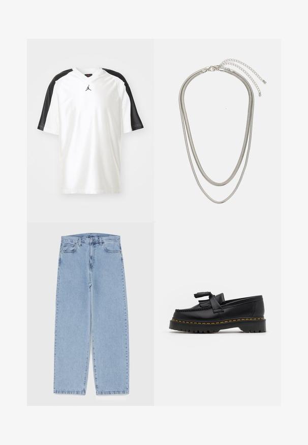 White athletic t-shirt with black short sleeves. Features a v-neckline and a small black logo on the chest. Smooth texture, relaxed fit.; Light blue denim jeans with straight leg design, featuring a mid-rise waist, five pockets, and a button and zipper closure.; Black leather loafer with a tasseled accent, featuring a chunky black sole and yellow stitching along the edge. Textured finish.; Three-layered silver metal necklace featuring sleek, flexible chains with a slight sheen, secured with a lobster clasp and adjustable chain.