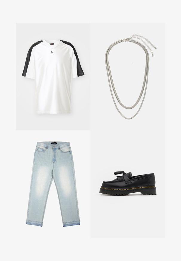Hvit sporty t-skjorte med svarte korte ermer. Har V-hals og en liten svart logo på brystet. Glatt tekstur, avslappet passform.; Pegador BARROW - Løst sittende jeans - sand washed blue; Svart skinn loafers med en kvastdetalj, med en tjock svart sula och gul sömnad längs kanten. Texturerad yta.; Tre-lags sølvmetallkjede med elegante, fleksible kjeder med en svak glans, sikret med en krabbe-lås og justerbar kjede.
