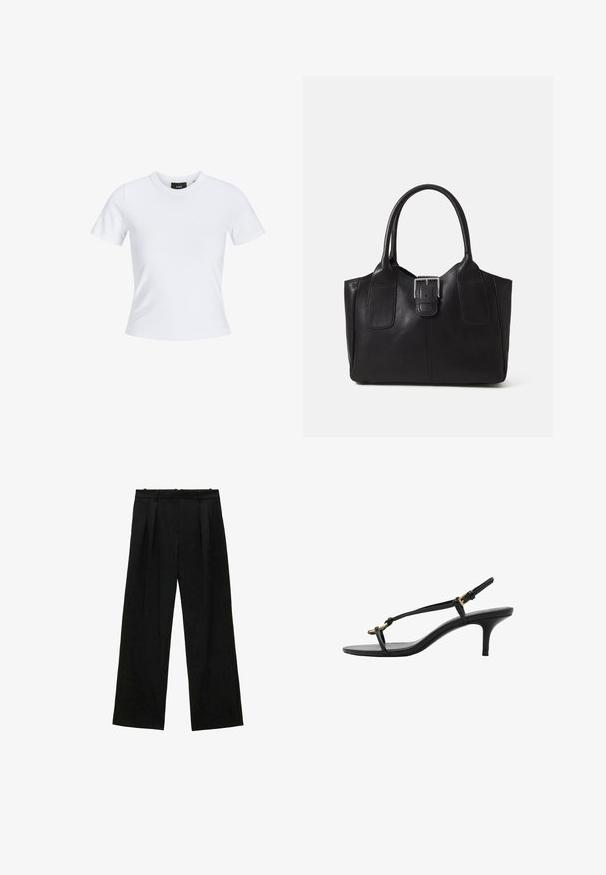 White short-sleeve t-shirt with a round neckline, made of cotton material, featuring a fitted silhouette and a black brand label inside the collar.; Black wide-leg trousers with pleats, featuring a smooth texture and a high waist design. Minimalist style, no visible hardware or embellishments.; Black leather kitten heel sandal with thin straps, gold buckle, and minimalist toe loop on a white background.; Black leather tote bag with smooth texture, structured shape, two handles, and a prominent silver buckle detail on the front.
