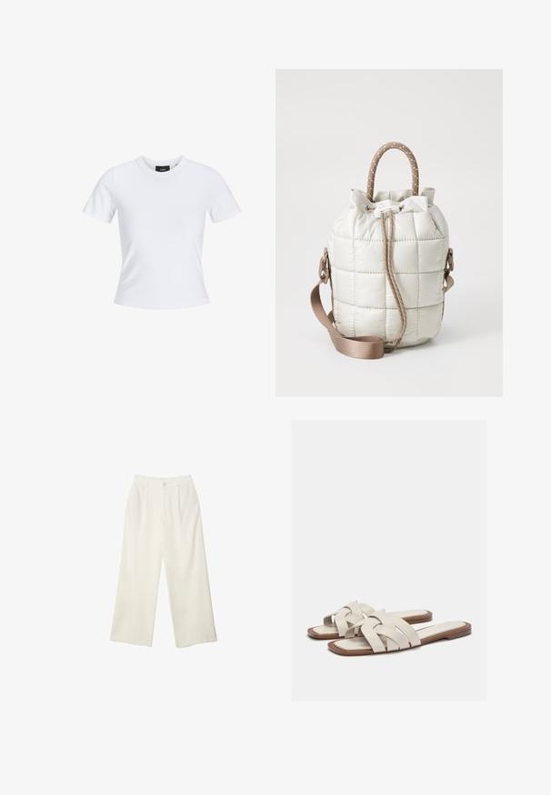 Biele tričko s krátkym rukávom a okrúhlym výstrihom, vyrobené z bavlny, s priliehavým strihom a čiernym logom značky vo vnútri goliera.; Široké nohavice z krémovej látky s hladkou textúrou, s jedným predným gombíkom, jemnými skladmi a vysokým pásom.; Svetlo béžové šľapky s tkanými remienkami, ktoré majú plochú podrážku a minimalistický dizajn. Hladká textúra s jemnými farebnými akcentmi.; Prešívaná svetlo béžová taška s stiahnutým vrcholom, s pletenou rúčkou a odnímateľným popruhom. Hladký povrch s jemným leskom.