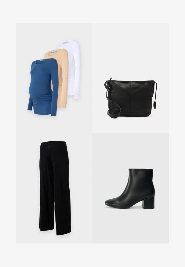 Három hosszúujjú kismama felső kék, bézs és fehér színben. Puha anyagból készült, testhezálló szabással és oldalsó redőzéssel a kényelem érdekében.; Fekete, bőszárú nadrág, rugalmas derékkal és sima, rugalmas textúrával. Egyszerű dizájnnal rendelkezik, minták vagy díszítések nélkül.; Fekete bőr bokacsizma hegyes orral és vastag sarokkal. Sima felület minimális díszítéssel és karcsú, passzos kialakítással.; Fekete bőr keresztpántos táska lapos formával, arany fémrészekkel és állítható pánttal. Simább textúra minimális varrási részletekkel.