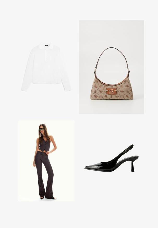 Weißes Langarm-Polohemd mit geknöpftem Kragen, Knopfleiste und gerippten Bündchen, aus weichem, leichtem Stoff gefertigt.; Braun gestreifter, taillierter Weste und ausgestellter Hose, mit Knöpfen und strukturiertem Stoff. Schwarze Sandalen mit offenen Zehen und übergroße Sonnenbrille.; Schwarze Lackleder Slingback-Pumps mit spitzem Zeh, ausgeschnittenen Seiten, verstellbarem Knöchelriemen und einem dünnen, eleganten Absatz.; Beige Stofftasche mit braunen gemusterten Akzenten. Sie hat eine geschwungene Form, einen einzelnen Tragegurt und ein Logo-Schild an der Vorderseite mit silberner Hardware.
