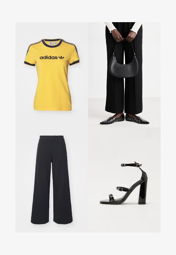 adidas Originals GRAPHIC BADGE SLIM 3-STRIPES - Print T-shirt - crew yellow; Black wide-leg sweatpants made from soft fabric, featuring an elastic waistband and a small logo on the left side.; Black patent heeled sandals with a square toe, ankle straps, and silver buckles. Features a chunky block heel for stability.; Black leather shoulder bag with a rounded shape, glossy finish, and silver hardware. Person wearing black wide-leg pants and studded loafers.
