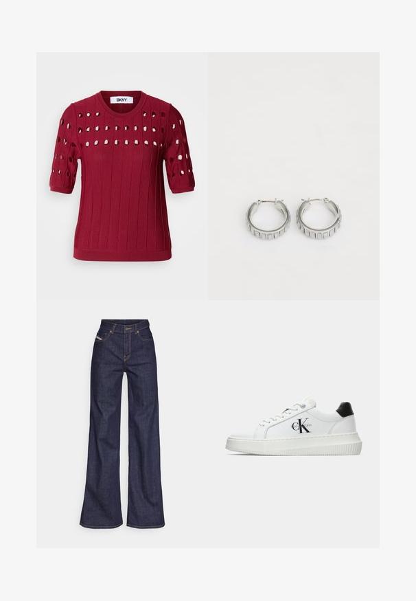 Pulover tricotat roșu cu mâneci scurte, având o textură ribbed și orificii deschise într-un model pe piept și pe mâneci.; Blugi taille mare, de culoare albastru închis, din material denim, cu croială largă, cu cusături portocalii, design cu cinci buzunare și închidere cu nasture.; Adidași albi cu glezna joasă, cu tab-ul de călcâi negru, talpă platformă, șireturi și logo-ul "CK" de la Calvin Klein pe lateral.; Cercei din argint în formă de cerc cu un design texturat, ce prezintă striții verticale. Formă circulară cu un sistem de închidere sigur. Finisaj neted.