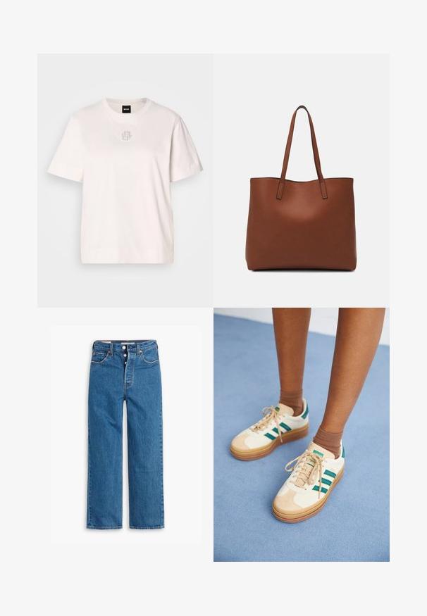 T-shirt de algodão branco com decote redondo, mangas curtas e um detalhe sutil da marca no centro, apresentando pequenas tachas metálicas.; Jeans de ganga azul straight-leg com uma cintura alta, design de cinco bolsos e fecho de botão. Costura visível e rebites em tom cobre.; Ténis bege com riscas verde-escuras, sola de borracha, parte superior em camurça e têxtil, e ferragens neutras, combinados com meias castanhas sobre uma superfície azul-clara.; Bolsa tote de couro castanho com uma textura suave, design de abertura superior e duas alças para o ombro. Apresenta costura mínima e sem hardware visível.