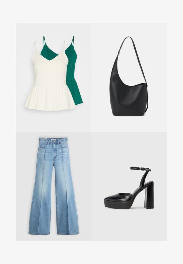 To camiser i grønn og hvit. Den hvite toppen har V-hals og en peplum-bunn, mens den grønne toppen har en rett snitt. Begge er uten ermer.; Lyseblå høytlivsjeans med vide ben, front- og baklommer, beltehemper og vertikale sømdetaljer foran.; Sorte plattformhelter med spiss tå og justerbar ankelrem. Laget av glatt lær, med en robust blokkhel.; Svart lær hobo-veske med glatt tekstur, buet form og enkelt justerbart stropp; har en bred åpning på toppen.; Gullfarget metalløredobber med et elegant, buet design. Har en karakteristisk spiss form, polert overflate og hengsel-lukking.