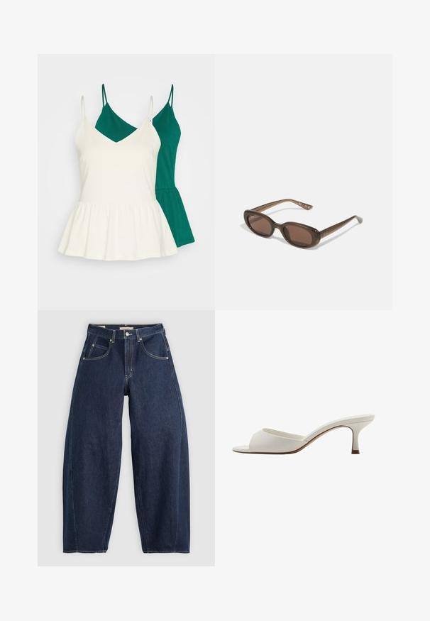 Dve bluze na naramnice v zeleni in beli barvi. Bela bluza ima dekolte v obliki črke V in peplum rob, medtem ko ima zelena bluza ravno rez. Obe sta brez rokavov.; Temno modri kavbojasti hlače z ohlapnim krojem, svetlimi šivi, petimi žepi in gumbom za zapiranje na pasu.; Bele odprte visoke petke z gladko površino, minimalističnim oblikovanjem in vitko peto, ki ima subtilen rjav odtenek na podplatu.; Rjave ovalne sončne naočare s temnimi lečami. Obloge so narejene iz prozorne rjave materiale in imajo na templjih natisnjeno logo.; Zelena usnjena torbica z gladko teksturo, ukrivljeno obliko in pletenim ročajem. Ima zadrgo in nastavljiv trak.