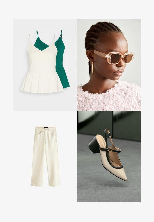 Dve topy na ramienka v zelenej a bielej farbe. Biely top má výstrih do V a peplum lem, zatiaľ čo zelený top má lineárny strih. Obe sú bez rukávov.; Široké nohavice v svetlo béžovom denime, so zapínaním na gombík, piatimi vreckami a hladkou textúrou. Jednoduchý a moderný dizajn.; Béžová lodička so špicatou špičkou, s čiernym lemom, zlatou prackou a robustným blokovým podpätkom na šedom podlahe s tmavozeleným pozadím.; Bežové oversized slnečné okuliare s priehľadným rámom a hnedými tónovanými sklami, s jemnými kvetinovými akcentami a odvážnym geometrickým dizajnom.