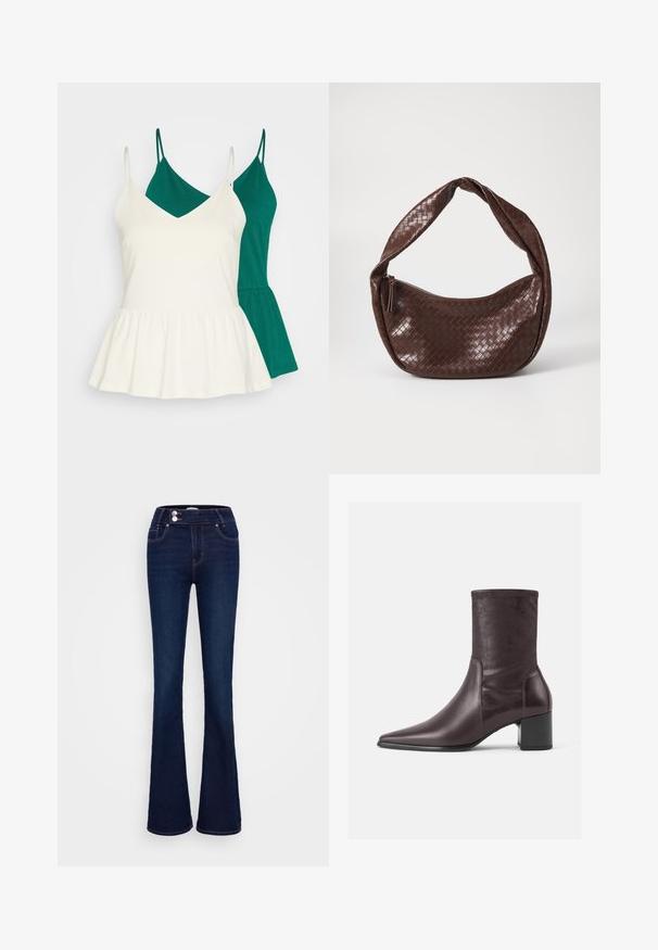 Du žali ir balti marškiniai be rankovių. Balti marškiniai yra su V formos iškirpte ir peplum apatine dalimi, o žali marškiniai turi tiesų kirpimą.; Tamsiai mėlynos plačios džinsinės kelnės su aukštu liemeniu, dviem priekinėmis kišenėmis ir dviem mygtukais. Pagamintos iš lygios tekstūros džinsinio audinio.; Burgundiško raudonos spalvos kulkšninių botų pagamintų iš lygaus odos, su smailiu padu ir masyviu kulnu. Šonai yra liekni ir prigludę, siekiantys iki blauzdos vidurio.; Ruda pintinė odinė rankinė su kreiviu, mazguotu rankenėle ir užtrauktuko uždarymu. Lygus tekstūra ir apvalios formos.