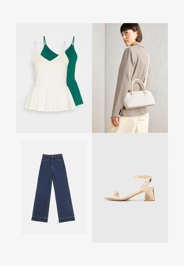 Două topuri pe lână, unul verde și unul alb. Topul alb are decolteu în V și o bustieră cu volan, în timp ce topul verde are o croială dreaptă. Ambele sunt fără mâneci.; Jeans evazați din denim albastru închis. Au cinci buzunare, bucle pentru curea și o margine brută la baza, cu detalii de coasere vizibile.; Sandal cu toc metalizat auriu, cu un toc bloc unghiular, două curele deasupra piciorului și o curea ajustabilă la gleznă. Textură netedă.; Geantă structurată albă, cu mânere scurte și curea de umăr, având accente din metal aurit și material texturat, expusă pe un fundal gri.